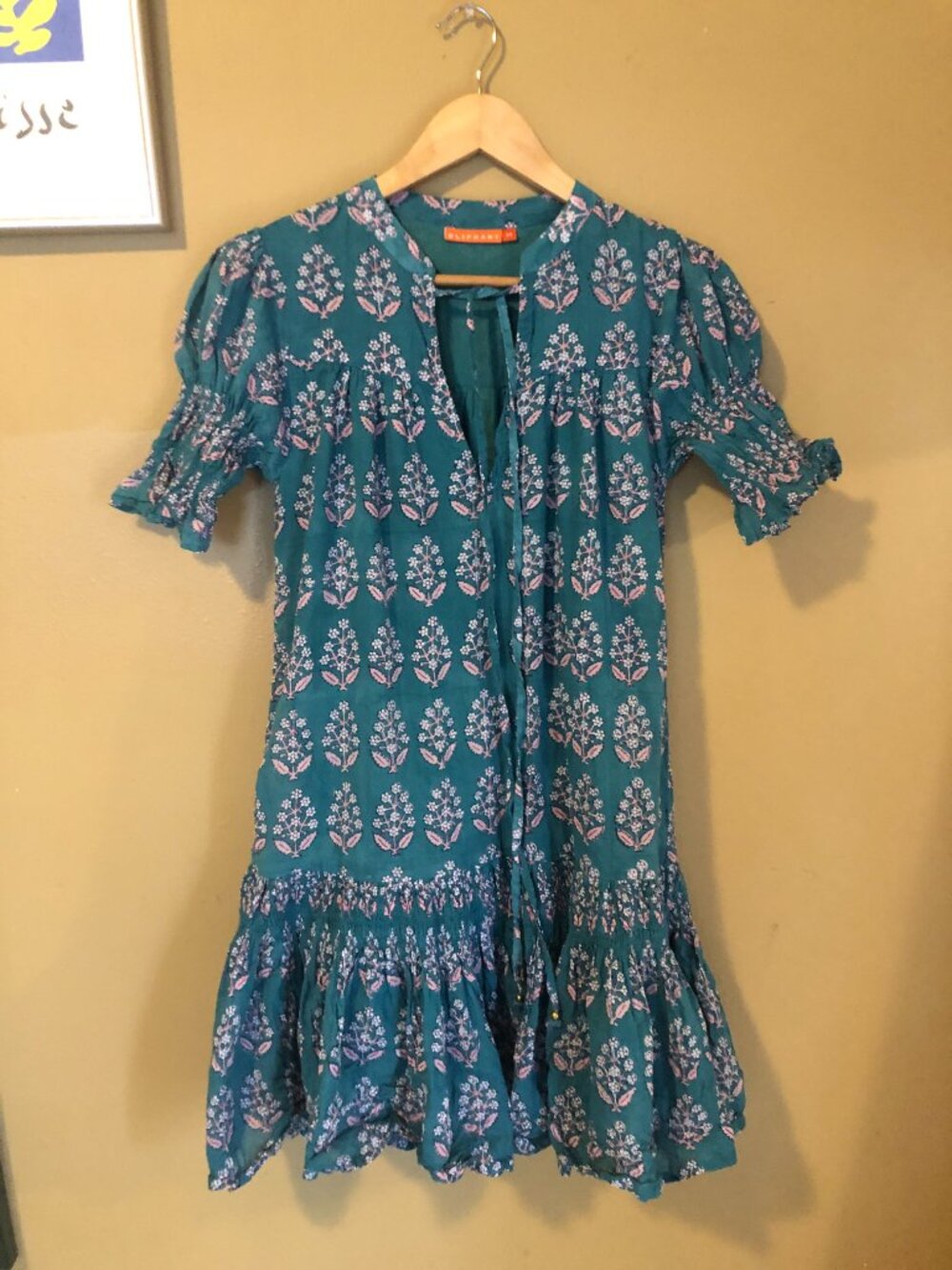 Oliphant turquoise pink leaf block print smocked drop waist mini dress - Picture 2 of 4